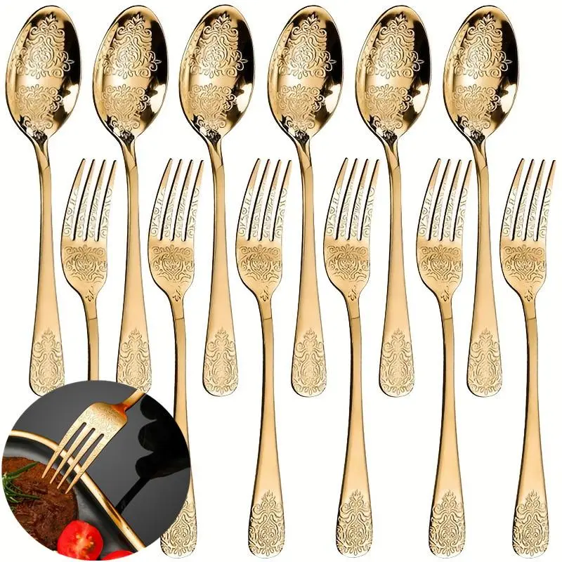 Stainless Steel Carved Tableware Set, 12pcs/set Including 6 Counts Dinner Spoon & 6 Counts Dinner Fork, Reusable Cutlery Set for Home Kitchen Restaurant Hotel Dinner Party