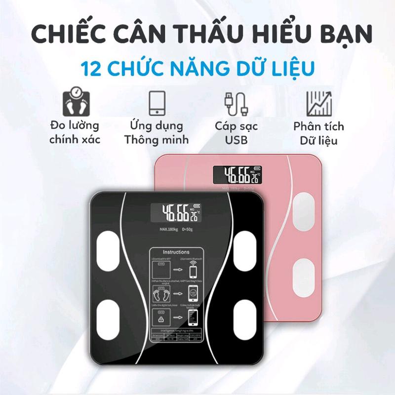 Cân Điện Tử Màu Hồng 18 Chỉ Số Kết Nối Bluetooth Điện Thoại Màu Hồng Sạc USB…