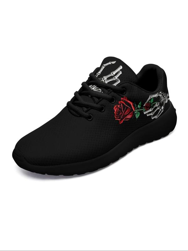 Women's Rose Skull Hand Bone Print Low Top Sneakers, Sports Running Shoes, Slip Resistant, Shock Absorbing, Breathable, Available in Large Size 5