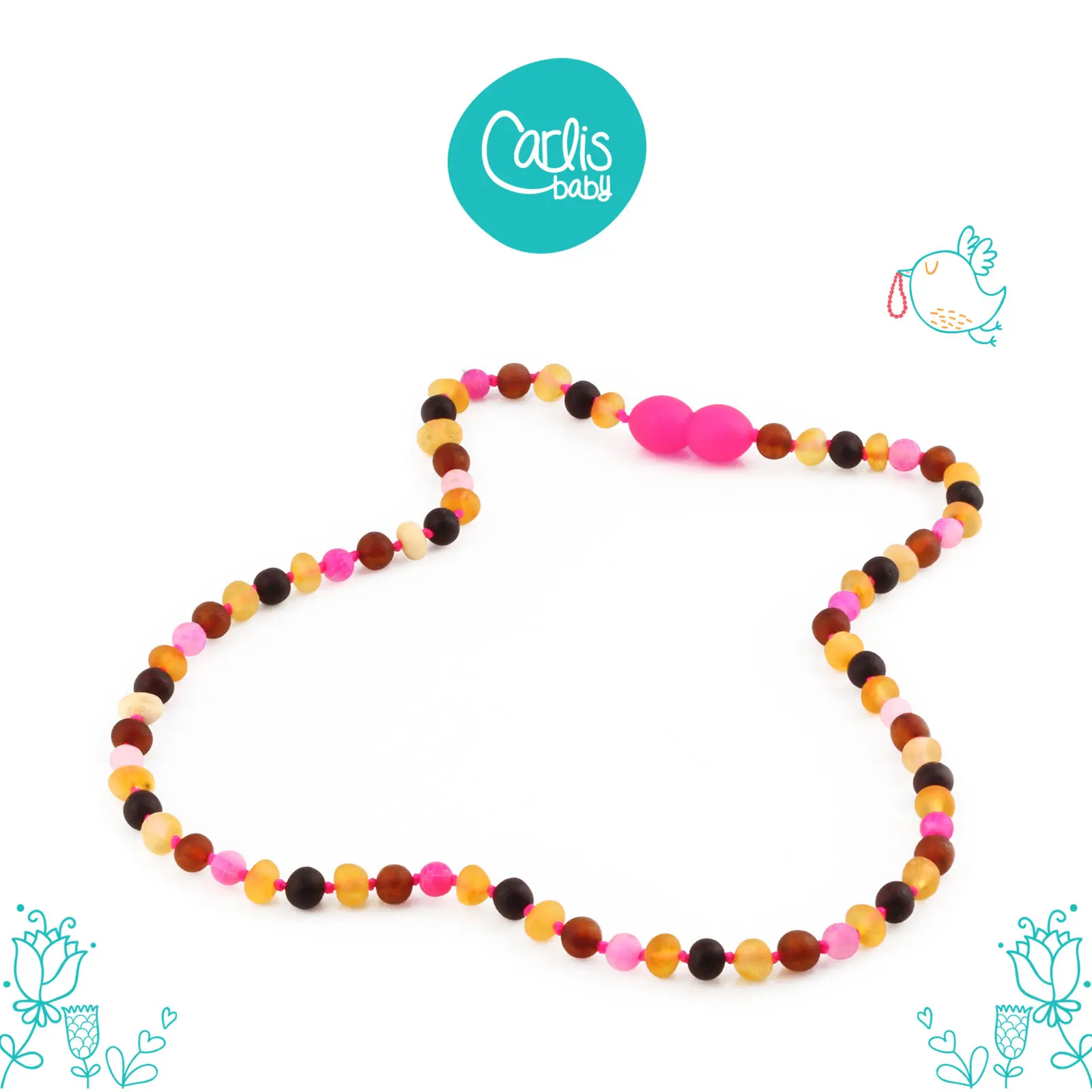 Kalung amber dengan Pink Frost Agate untuk anak - 38 cm. CJN42