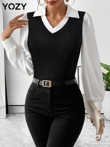 YOZY Women's Colorblock 2 in 1 Bishop Sleeve Blouse, Casual Long Sleeve Collared Top for Spring & Fall, Women's Clothing for Daily Wear