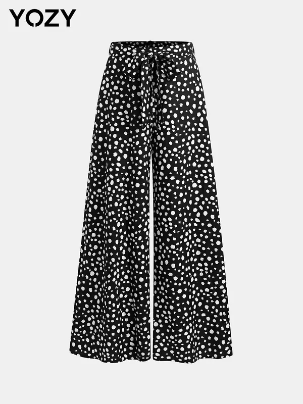 YOZY Polka Dot Print Zipper Back Wide Leg Pants, Elegant High Waist Belted Trousers, 2024 Women's All Seasons Outfits for Beach, Holiday, Vacation 4