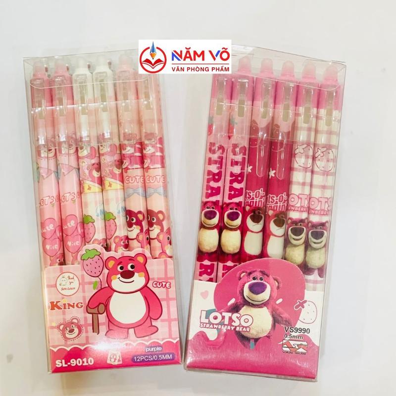 [GẤU DÂU] HỘP 12 Cây Viết Gel Bấm Xóa Được - Bút Gel Đầu Bấm Xóa Được Ngòi 0.5mm Mực Xanh, Tím Hình Gấu Dâu Dễ Thương