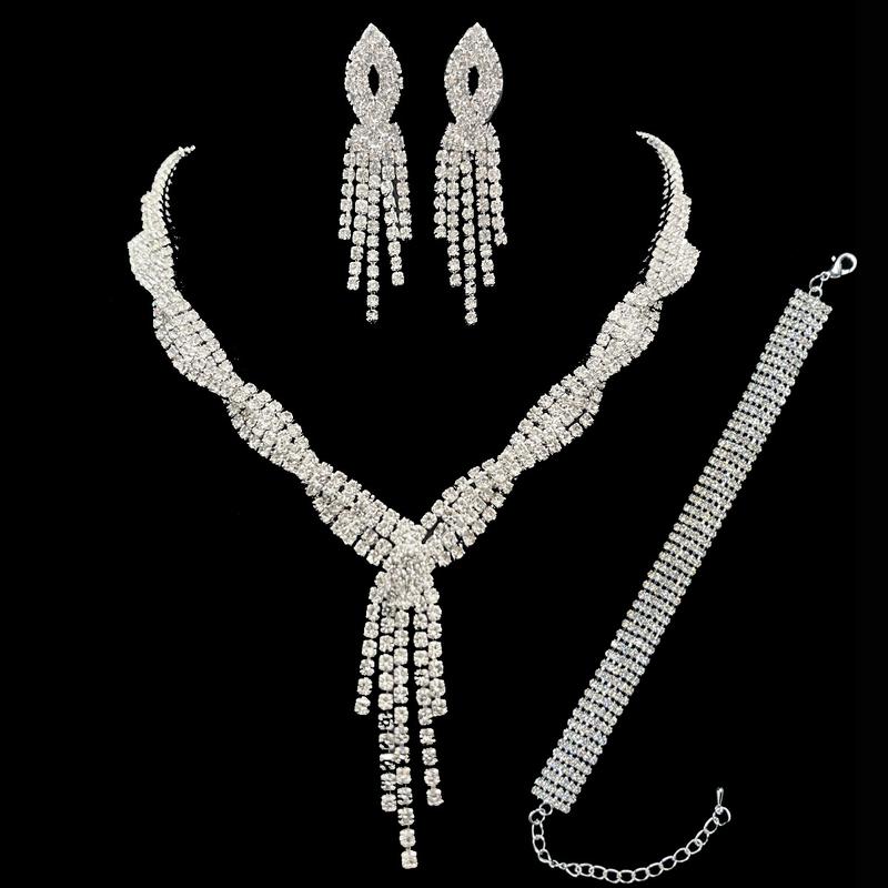 Product Introduction of Necklace Earrings Tassel Wedding Jewelry Set Rhinestone Pendant Wedding Banquet Twist Wedding Dress Accessories 8673 12