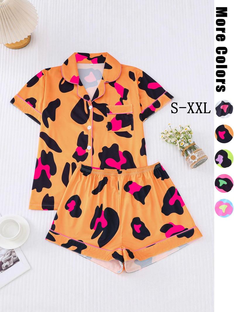 Product Introduction of Two-piece Set Women's All Over Leopard Print Contrast Binding Lapel Shirt & Shorts Pyjama, Casual Comfy Short Sleeve Pocket Top & Shorts Pj Set, Pajamas, Ladies Sleepwear for All Seasons, Pajamas 5
