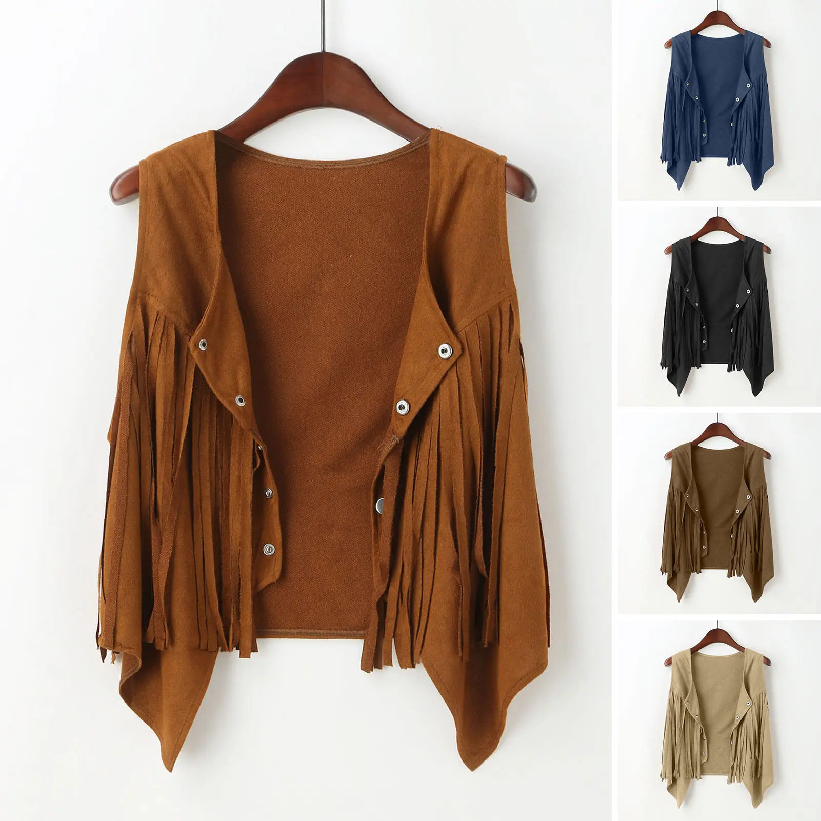 Ondsio Women Vest Western Fringe Tassel Cardigan Sleeveless Single-breasted V Neck Solid Color Short 70s Vintage Hippie Clothes  Women Jacket Lady Clothes