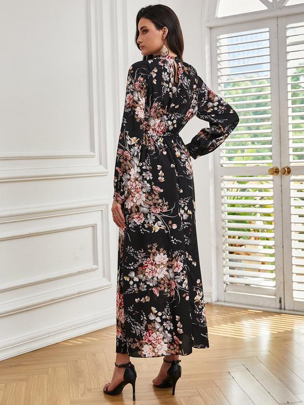 Women's Floral Print Bishop Long Sleeve Mock Neck A-line Long Dress, Boho Flared Dresses, Summer Outfits 2024, Lady's Spring & Autumn Clothes 6