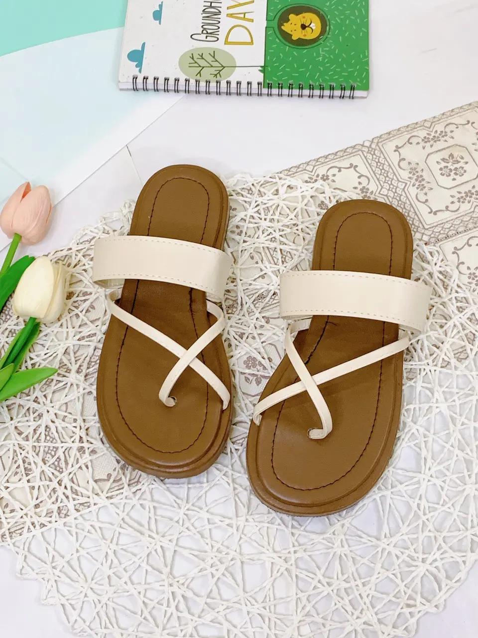 Dép nữ quai ngang phối quai dây đan chéo xỏ ngón DéP Nhung Jean Đồng