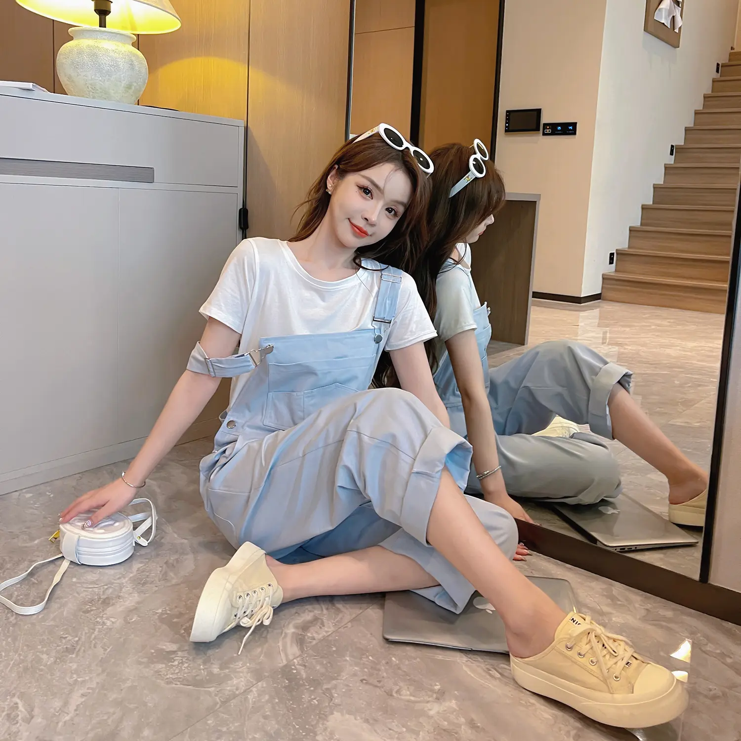 Limited-Time Discount Cream Baby Blue 2025 Cotton Suspender Pants Women's Spring and Summer New Korean Style Loose Wide Leg Leisure One-Piece Trousers Clothing Women's Clothing