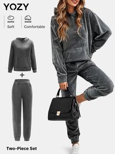 YOZY Women's Solid Long Sleeve Pocket Hoodie & Elastic Waist Pants Two-piece Set, Casual Fashion Cozy Breathable Two Piece Outfits for Daily Outdoor Wear, Ladies Clothes for All Seasons