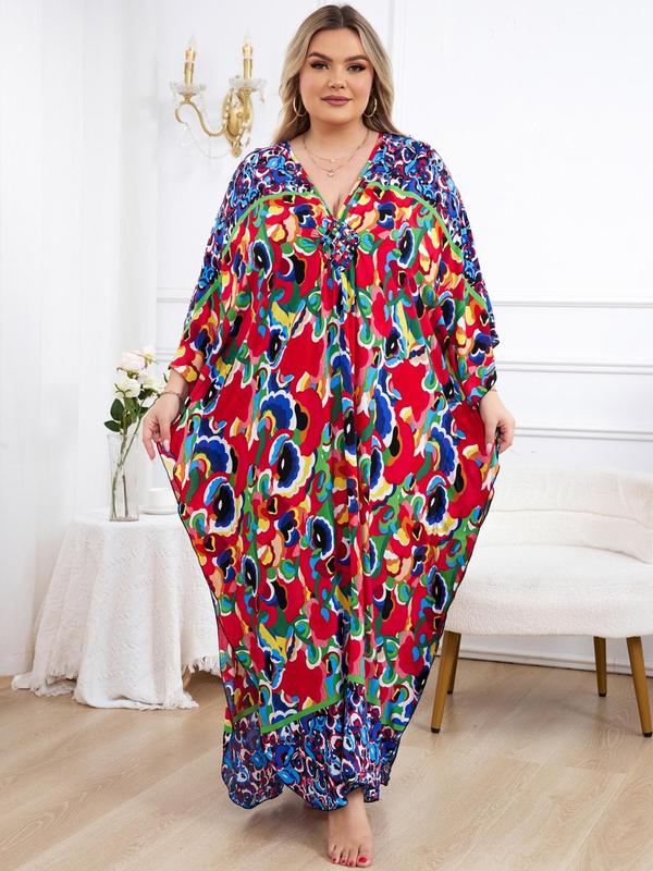 【Plus Size】 All Over Print V Neck Dress, Casual Split Hem Batwing Sleeve Long Dress for Spring & Fall, Women's Clothes for Daily Wear, Dresses for Women, Plus Size Dresses, Wedding Guest Dress 8