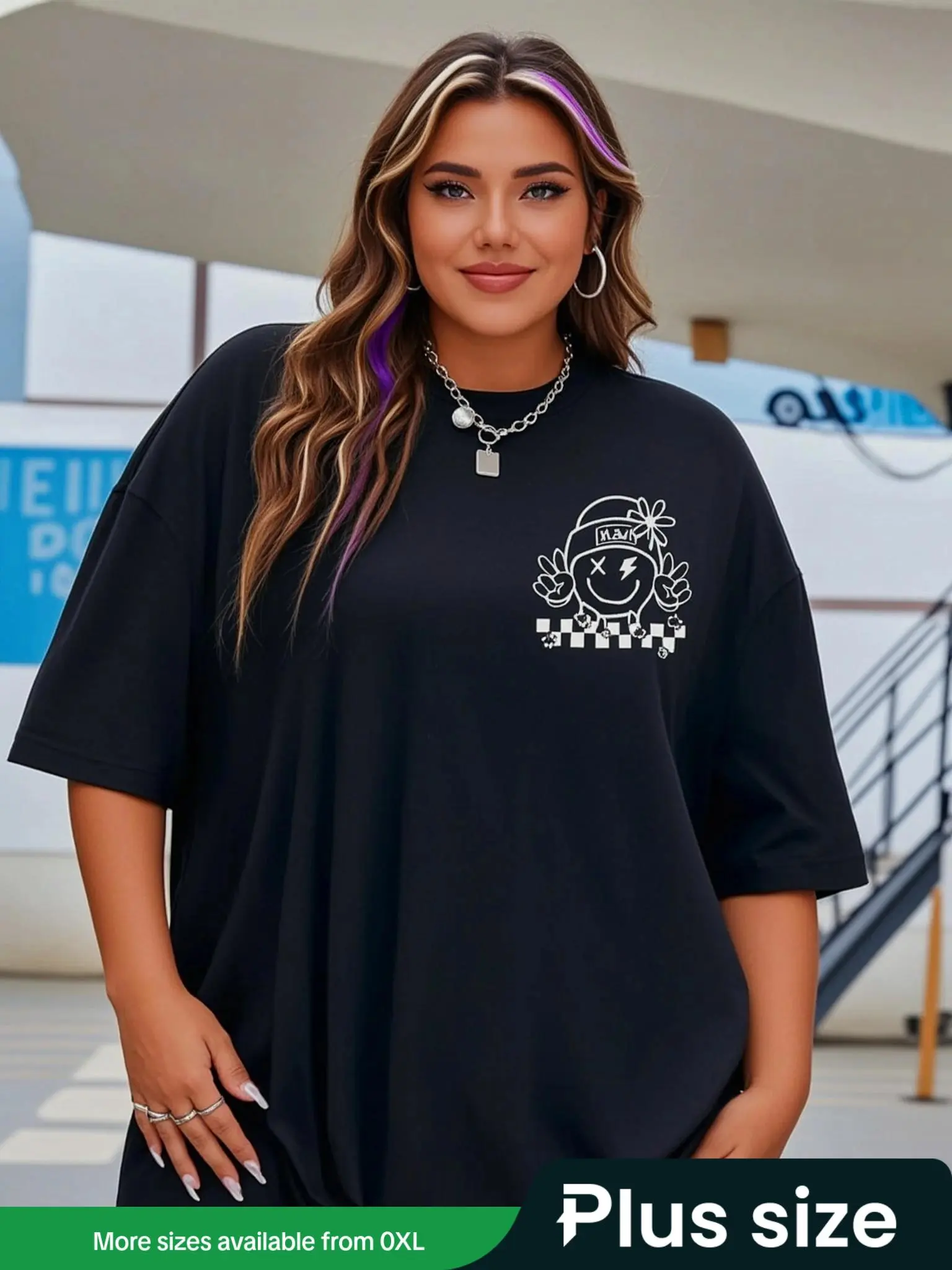 【Plus Size】Cartoon & Letter Round Neck Tee, Fashion Casual Plaid Print Graphic Print Drop Shoulder T-shirt for Daily Outdoor Wear, Women Plus Clothing for Summer