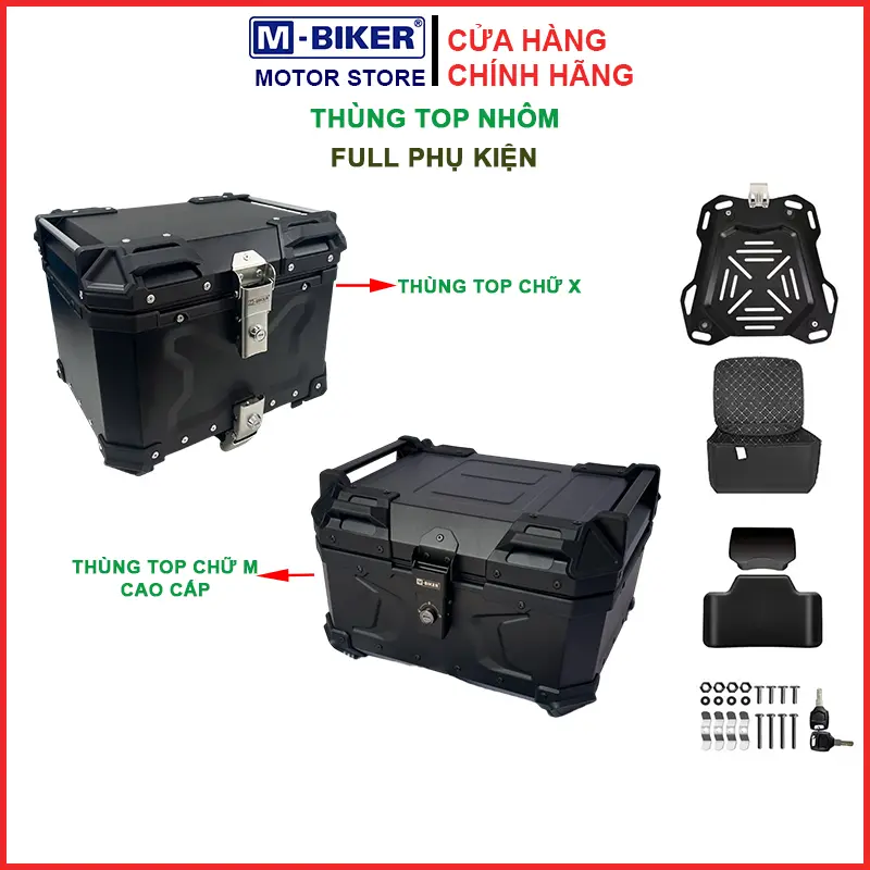 Thùng nhôm gắn xe máy, thùng top nhôm dung tích 22L 28L 36L 45L 55L gắn xe tay ga, xe phân khối lớn