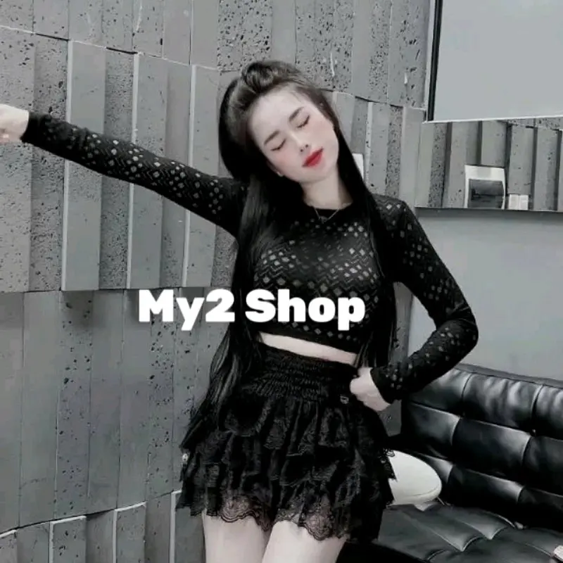 Set áo croptop ren và chân váy ren tầng cho cô nàng cá tính Nữ botieuthu dothudong Women vest len a sweater sét quần phối phông setbo 3mon đồ 2