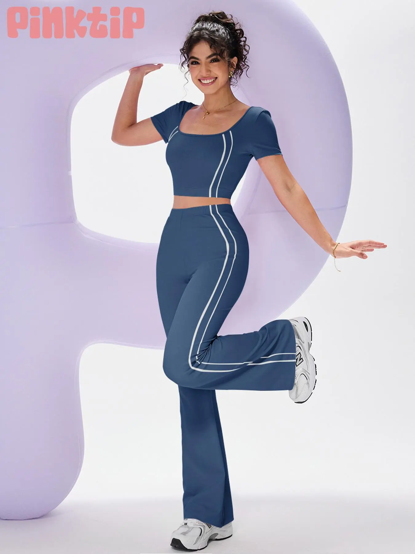PinkTip Women's Striped Print Crop Top & High Waist Flare Leg Pants Set, Casual Square Neck Short Sleeve Top & Bell Bottom Trousers for Daily Outdoor Wear, Ladies Sportswear for Winter, Co-ord Sets Women for Valentine's Day, Tracksuit