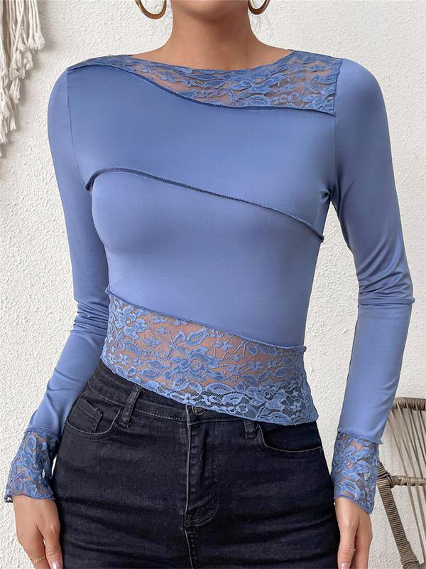 Women's Asymmetrical Hem Long Sleeve Contrast Lace Sheer Boat Neck Tee, Summer Tops, Comfort Womenswear, Minimalist Lady Top, Fashion Casual Fitted Flounce Sleeve T-shirt for Spring & Fall, Holiday Outfits, Women's Clothing for Daily Outdoor Wear 7