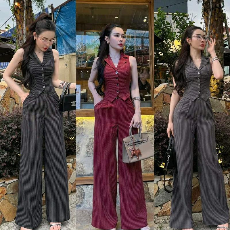 sét áo vest  sát nách. họa tiết sọc , quần ống xuông vừa. ( dài quân 105cm ) . sang trọng. thanh lịch. di chơi. di làm Nữ Top Women Đen Nhung Sen Kem Ong Thun