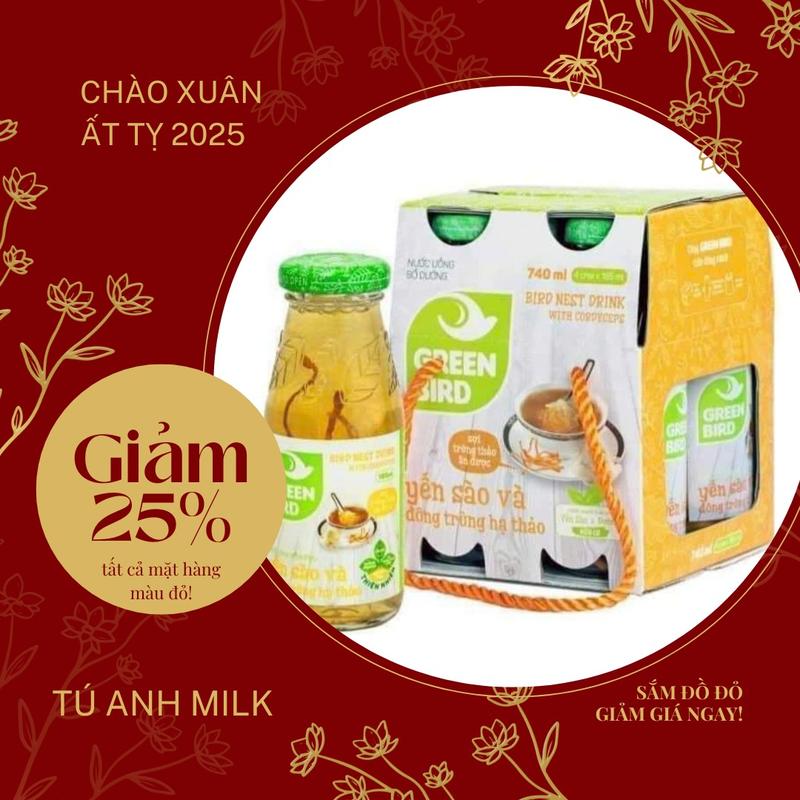 NƯỚC YẾN SÀO ĐÔNG TRÙNG VÀ HẠ THẢO GREEN BIRD LỐC 4CHAI HỮU CƠ