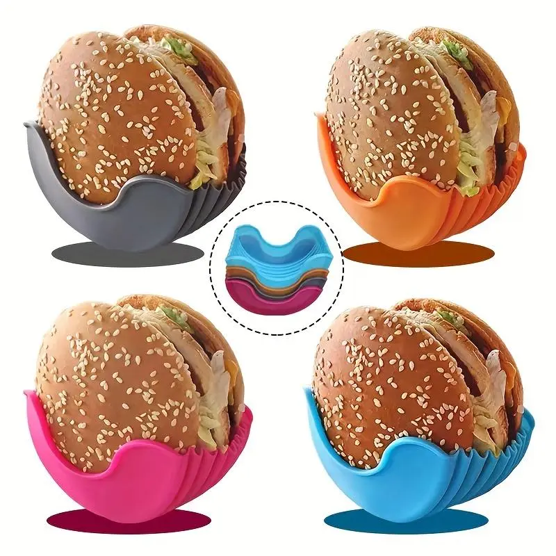 Silicone Burger Clip (4 Counts/set), Portable Non-contact Burger Holder, Retractable Burger Tray, Kitchen Baking Tool 2