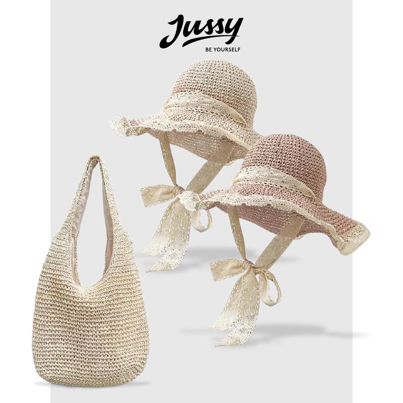 Set Mũ Cói Mềm Viền Ren Và Túi Cói JTUI01 Jussy Fashion Combo Túi Cói Mềm Kèm Mũ Rộng Vành Du Lịch Đi Biển Hot Trend Nam 