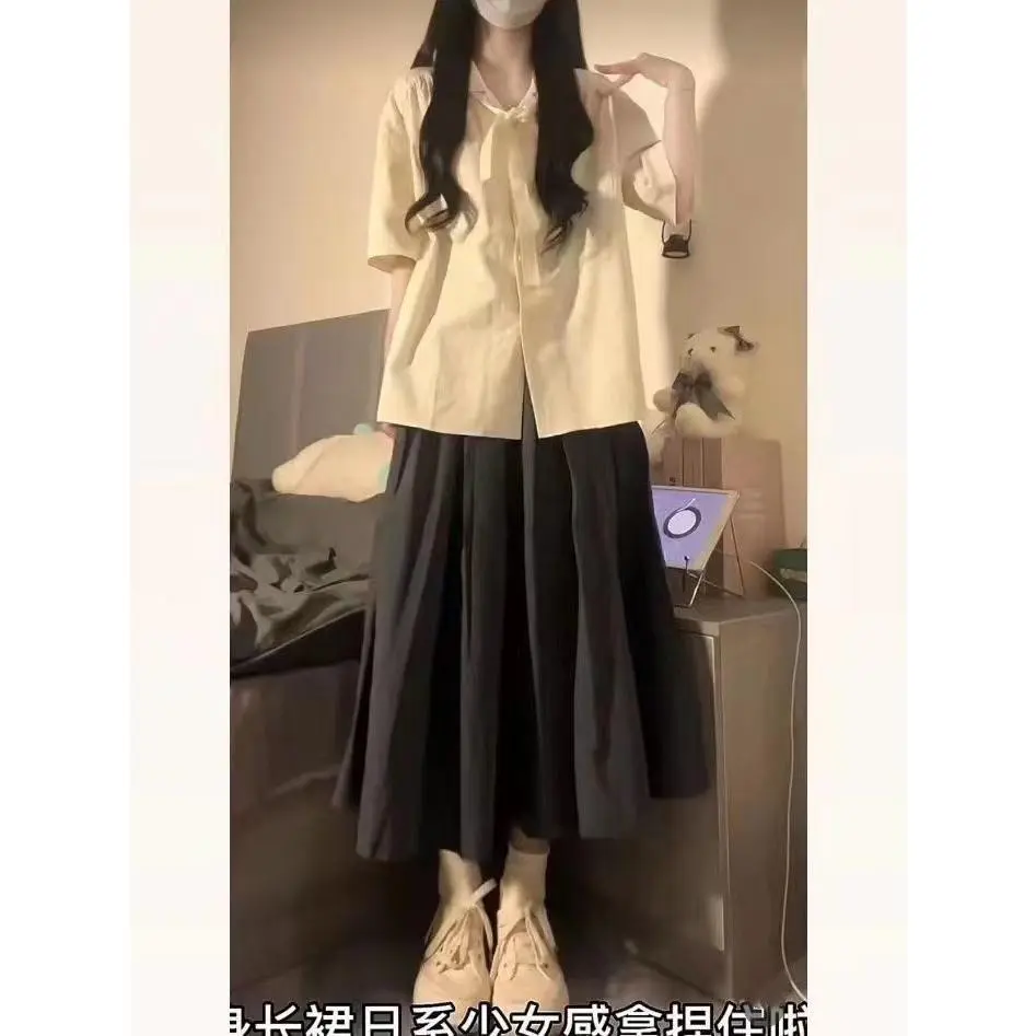 Bộ Đồ Hai Mảnh, Phong Cách Nhẹ Nhàng Mùa Hè, Trang Phục Nữ, Hàng Mới Về Năm 2024, Phong Cách Lười Biếng Nhật Bản, Áo Sơ Mi Sành Điệu, Chân Váy Cạp Cao