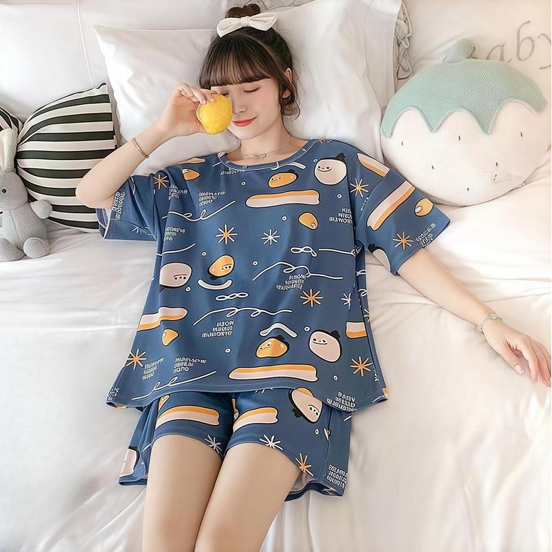 Bộ Đồ Ngủ Hoạt Hình, Dễ Thương, Dành Cho Nữ, Chất Liệu Cotton Mỏng, Áo Sơ Mi Ngắn Tay, Quần Đùi, Đồ Ngủ Thường Ngày Dáng Rộng, Quần, Màu Trơn Đơn Giản, Thích Hợp Cho Các Cặp Đôi, Bộ Quần Áo Mặc Nhà, 2 Chiếc 2