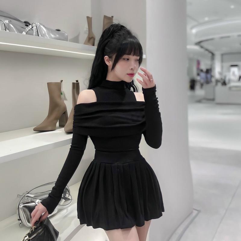 Set Len Tăm Cổ Lọ Trễ Vai Dài Tay Cv Xếp Ly Cạp Cao Byy Trang Munn C17 Áo Nữ