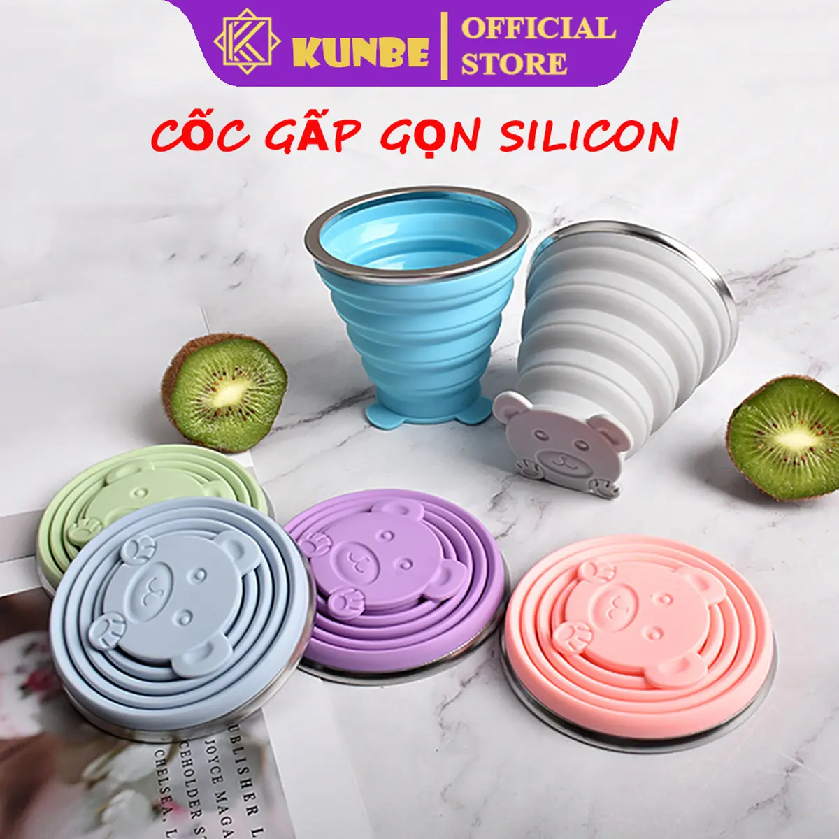 Cốc Gấp Gọn Silicon KUNBE Có Nắp Đậy Dây Treo Tiện Lợi