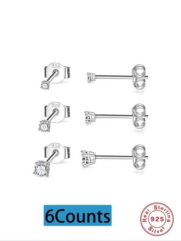 925 Sterling Silver Rhinestone Decorated Stud Earrings, 3 Counts Fashion Temperament Earrings for Women & Men, Trendy All-match & Exquisite Jewelry for Birthday Gift 6
