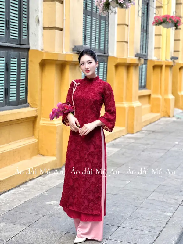 [SẴN HÀNG]Áo dài Tết, áo dài cách tân Hoài An, 4 tà dáng suông lông vũ đính nơ cách điệu, mẫu mới hottrend, đón Tết du xuân 2025,  đi tiệc cưới, nữ, women dress - Áo Dài Mỹ An 8