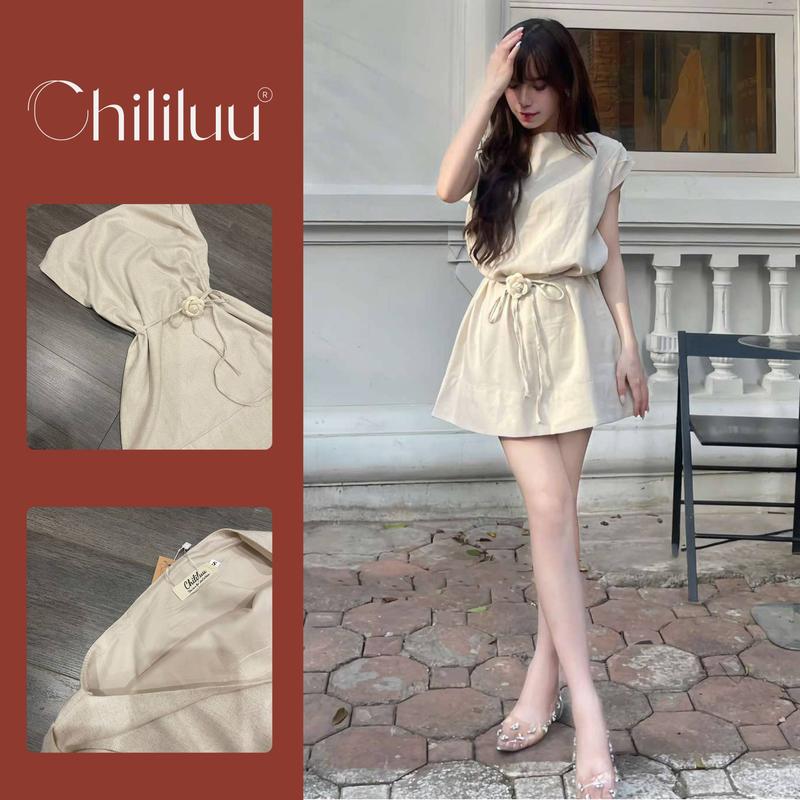 Váy Chililuu váy cách điệu chiết eo dang ngắn ngắn kèm hoa phong cách đơn giản thanh lịch