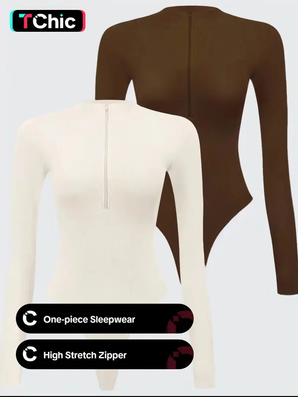 Women's Solid Ribbed Bodysuit, Casual Comfy High Stretch Zipper One-piece Sleepwear, Ladies Sleepwear for All Seasons 1