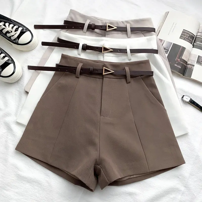 Casual Women's Shorts A-line High Waist Short Chic Office Lady Shorts With Belted Vintage Female Trousers Spring Summer Fabric Fit