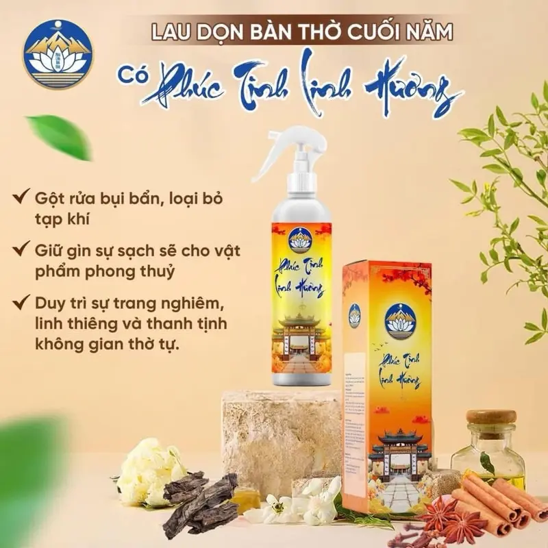 Nước Bao Sái Ban Thờ Phúc Tịnh Linh Hương, làm sạch ban thờ được làm từ Quế, Gừng, oải hương, Trầm, nanno bạc, hương thêm dịu nhẹ, 1 chai 300ml dạng xịt tiện lợi tiết kiệm 3