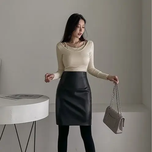 Rok span wanita semi kulit bodycon  Korean Style Hitam Polos Mini Nyaman Panjang Santai Variasi regular • black • 7