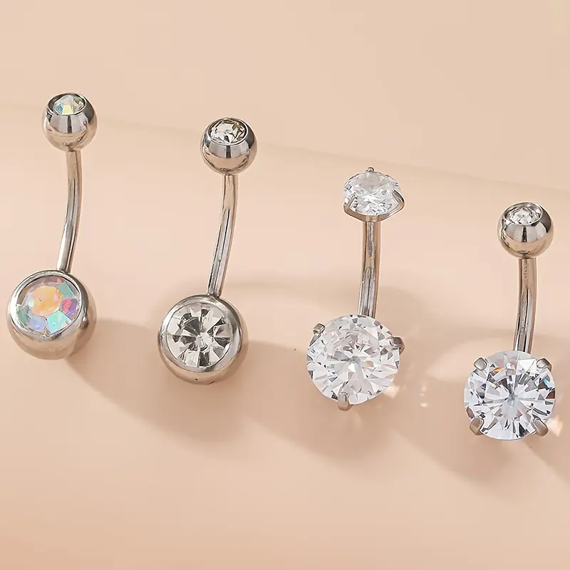 4pcs Belly Button Rings Set - Stainless Steel Cubic Zirconia Piercing, Fashion Body Jewelry with Navel Nail Design, Hypoallergenic and Durable, Sparkling Crystal Accents for Women