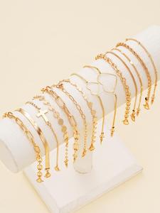 Elegante conjunto de pulseras apilables para mujer, 14 unids / set pulsera de eslabones con diseño de corazón y cruz y pulsera de cadena, joyería de moda para fiesta, decoración diaria, todo fósforo de moda y joyería exquisita para regalo de cumpleaños,jo