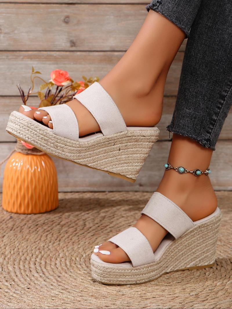 Product Introduction of Women's Minimalist Casual Plain Wedge Sandals, Double Band Platform Sandals, Boho Style Slip-on Sandals for Summer, Fashionable Shoes for Daily Wear 9