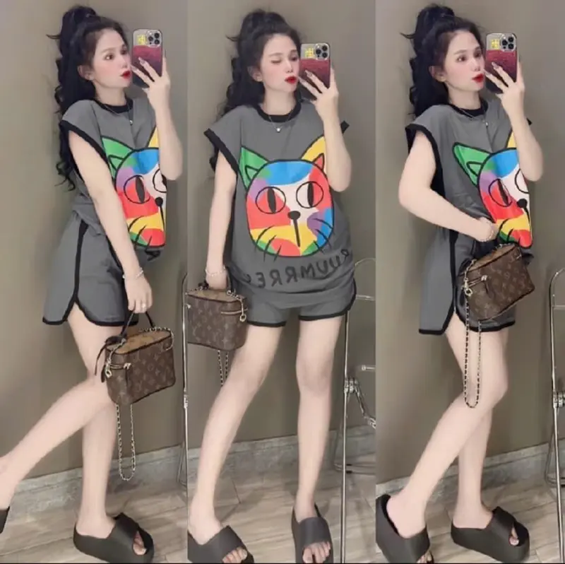 Set Bộ Đùi Nữ hình mèo Cute Form Rộng Chất Cotton, Bộ Cộc Tay co giãn 4 chiều Thấm Hút mồ hôi năng Động trẻ trung xinh Đẹp 2