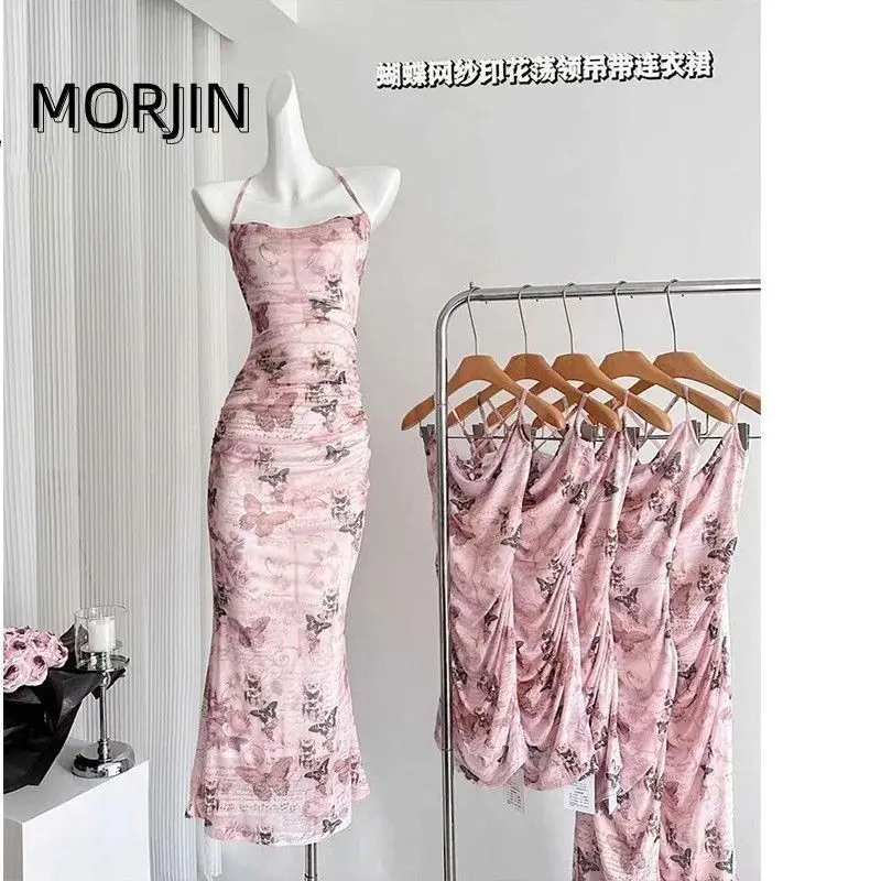 Váy Lưới Hình Bướm, MORJIN, In Hình, Cổ Xích Đu, Dây Đeo, Váy Mùa Hè Cho Nữ, Váy Ngắn Đến Giữa, Màu Nắng Không Bao Giờ Tắt