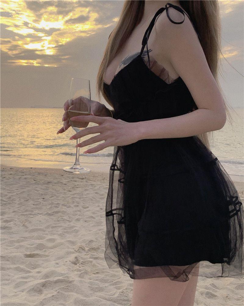 Product Introduction of #D2130# Sweet and Spicy Girl Mesh Sling Dress for Women Spring Black Ruffle Edge Short Skirt with Waist Closure Sexy Princess Fluffy Skirt Casual Womenswear Lingerie Lady Casual Wear Comfort Summer Basic Gowns 11