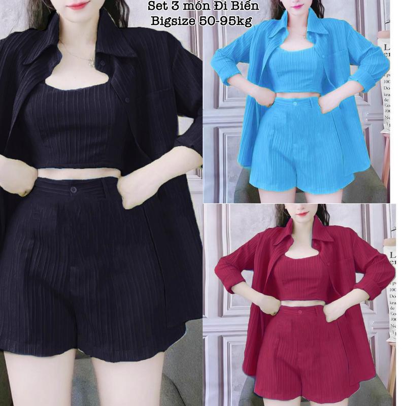 Thời Trang Bigsize Én Nhỏ - Bộ Quần Áo Đùi 3 Món Đi Biển Hot Hit Đi Chơi Diện Hè Có Bigsize Lụa Đũi Sọc Đôi Cao Cấp Xinh Xắn Dễ Thương Giá Rẻ 50-100kg Nhung Kem Nữ Voi Women Hồng