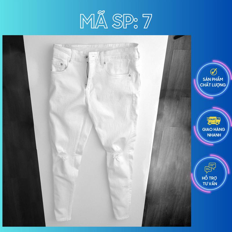 Quần jean nam màu trắng trơn rách gối chất bò co dãn tốt form skinny HD07 mẫu mới Menswear Pants