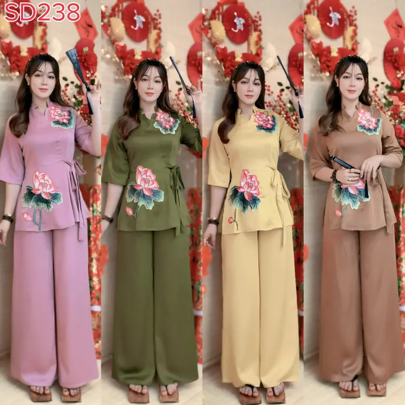 SET LAM HOA SEN THÊU CÓ DÂY CỘT (SD238) Set đồ lam đi chùa, bộ bà ba đi lễ chùa đầu năm 0