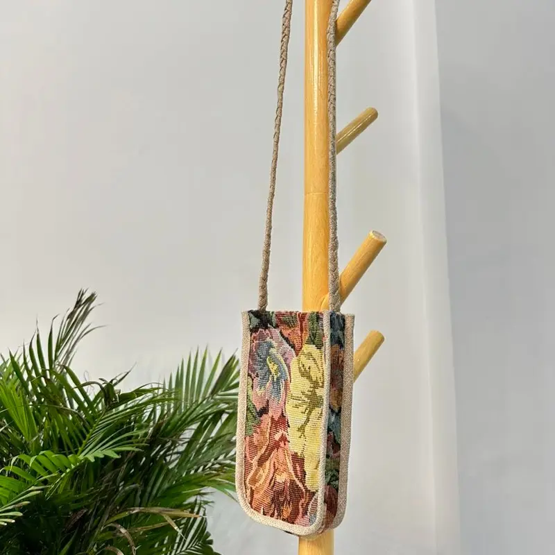 Túi vải đeo chéo đựng điện thoại kich thuoc 12cm x20cm/Túi vải handmade dây bện phối vải đay linen 5