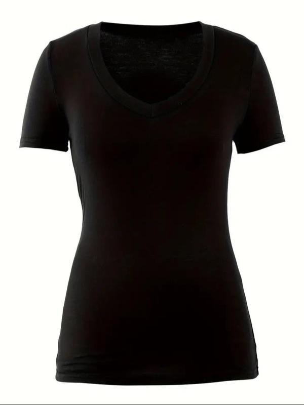 【Plus Size】 Solid V Neck Tee, Casual Short Sleeve T-shirt for Daily Wear, Women Clothing for All Seasons 5
