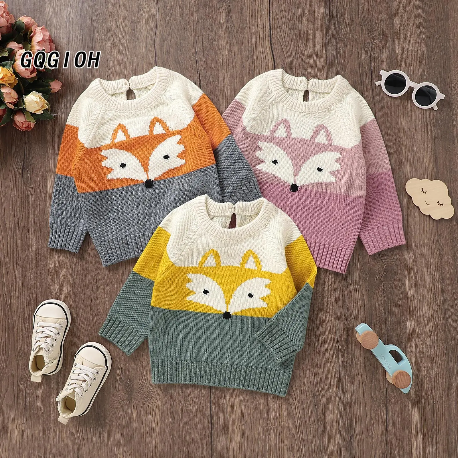 Baby Knit Sweaters Cute Long Sleeve Contrast Color Fox Print Tops