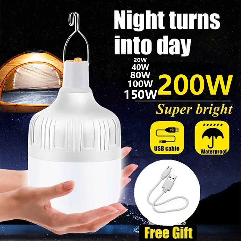 ไฟ LED ฉุกเฉินแบบชาร์จ USB โคมไฟบ้านกลางแจ้งแบบพกพา หลอดไฟฉุกเฉิน 200W โคมไฟแบตเตอรี่ ไฟตั้งแคมป์บาร์บีคิว