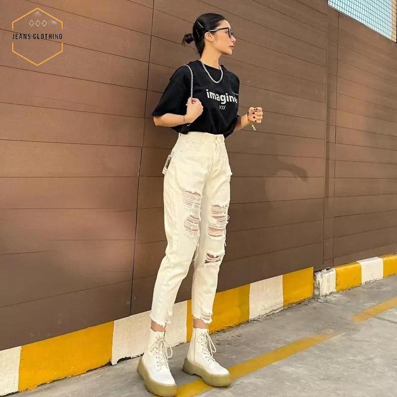 Quần Baggy nữ đen rách nhiều chất liệu cao cấp cảm nhận tuyệt vời  Pants Jean Lưng Cao Denim Có Túi Có Túi 3