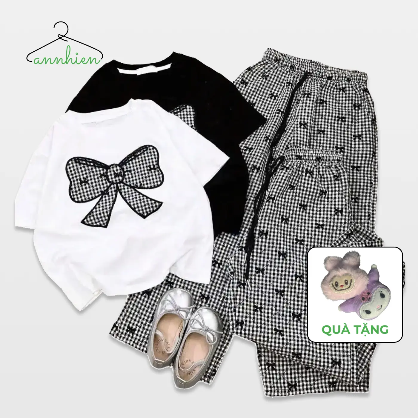 (Tặng mặt gấu bông) Set đồ bé gái quần dài áo thun (HOẠ TIẾT NƠ LỤC GIÁC, 2 MÀU) chất liệu cotton su dễ chịu